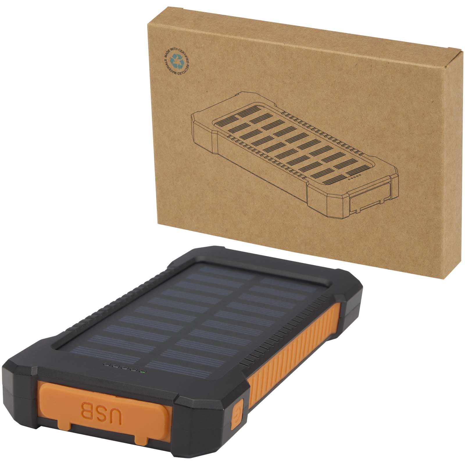 Altair robuuste powerbank op zonne-energie van 5000 mAh 10 W met ingebouwde zaklamp van gerecycled plastic